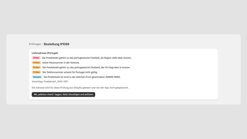 Caravel Address Check — Prüfung einer Bestellung