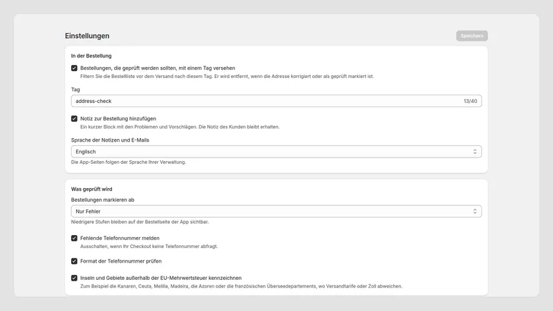 Caravel Address Check — Einstellungen