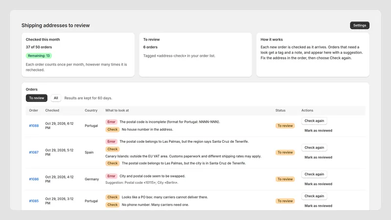 Caravel Address Check — Orders to review