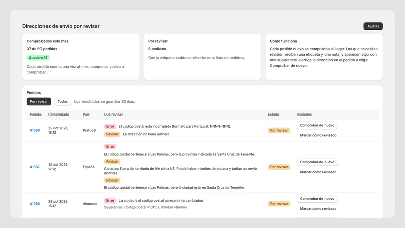 Caravel Address Check — Pedidos por revisar