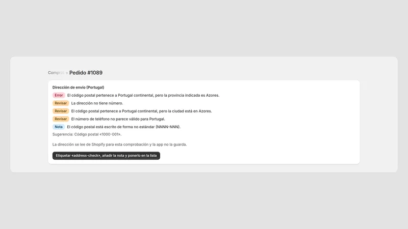 Caravel Address Check — Comprobación en un pedido