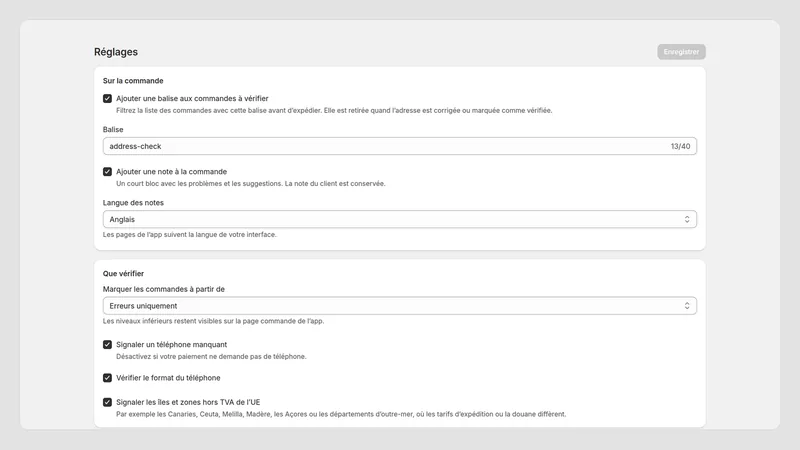 Caravel Address Check — Paramètres