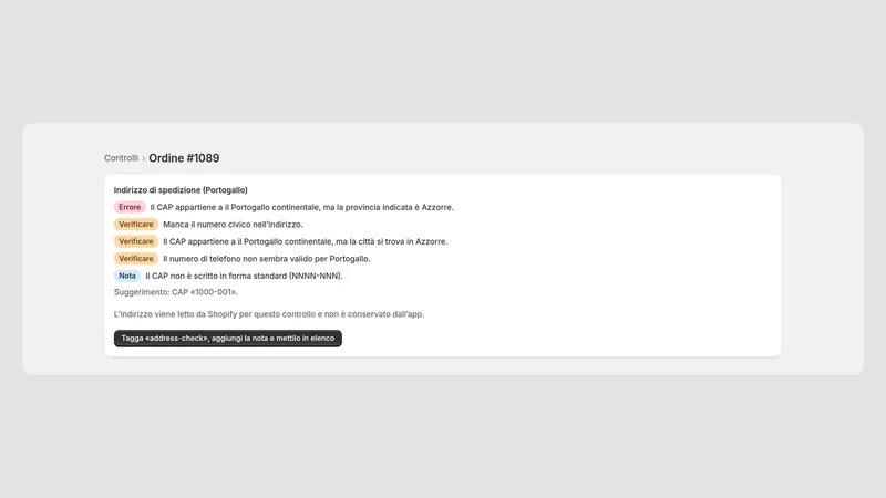 Caravel Address Check — Controllo su un ordine