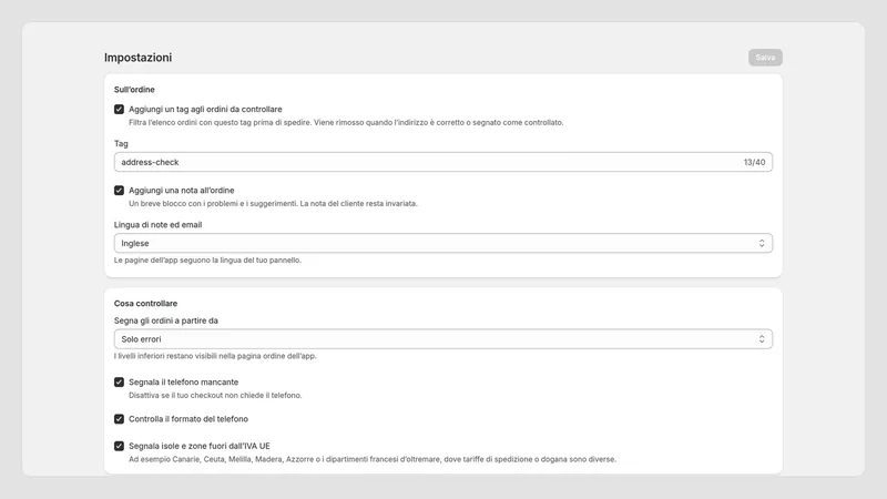 Caravel Address Check — Impostazioni