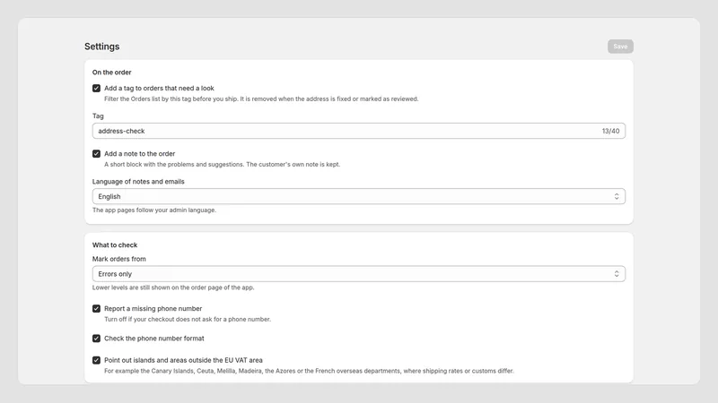 Caravel Address Check — Instellingen