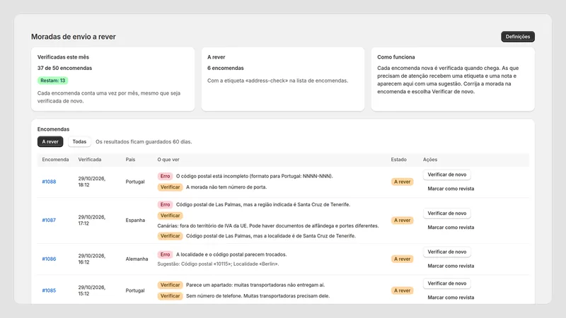 Caravel Address Check — Encomendas a rever