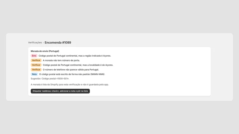 Caravel Address Check — Verificação numa encomenda