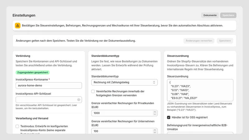 Caravel Invoice PT — Einstellungen