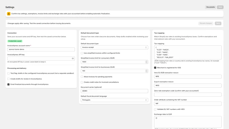 Caravel Invoice PT — Settings