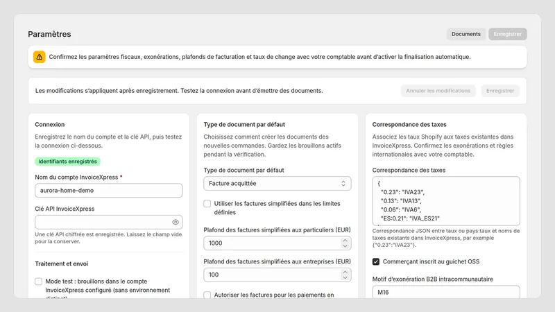 Caravel Invoice PT — Paramètres