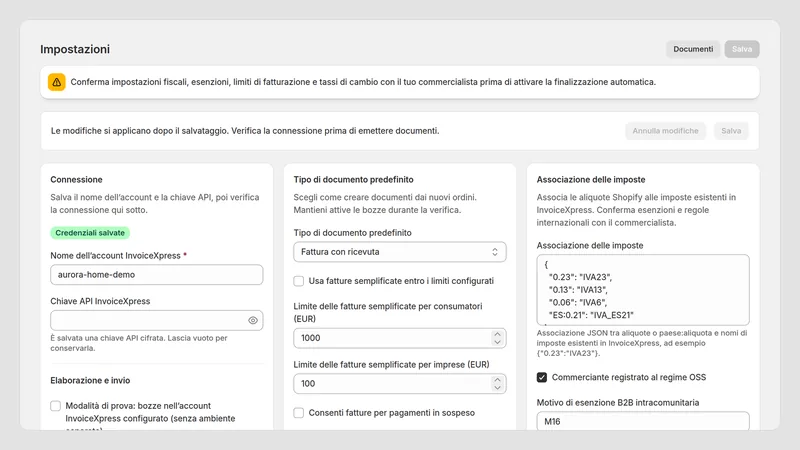 Caravel Invoice PT — Impostazioni