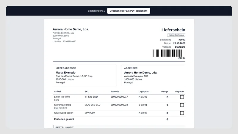 Caravel Packing Slips — Lieferschein