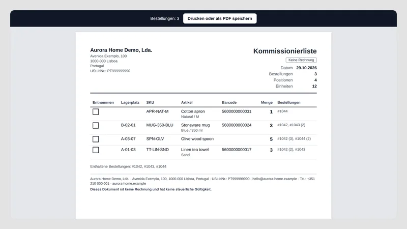 Caravel Packing Slips — Pickliste