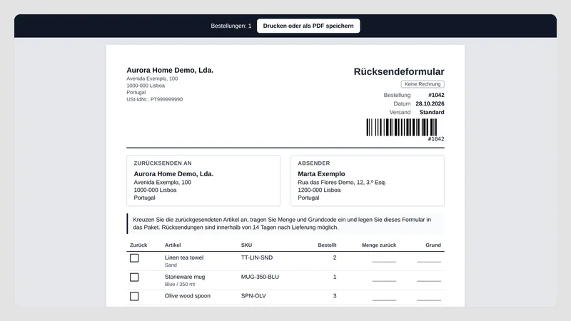 Caravel Packing Slips — Retourenschein