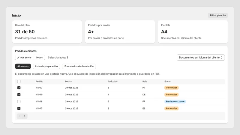 Caravel Packing Slips — Pedidos