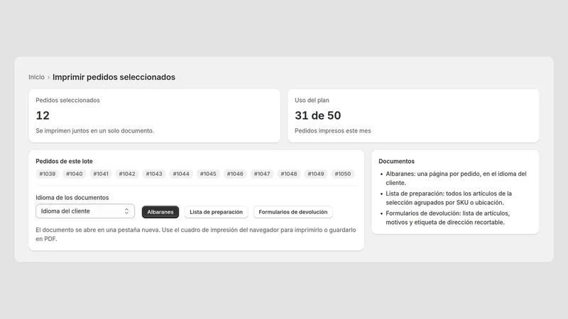 Caravel Packing Slips — Impresión por lotes