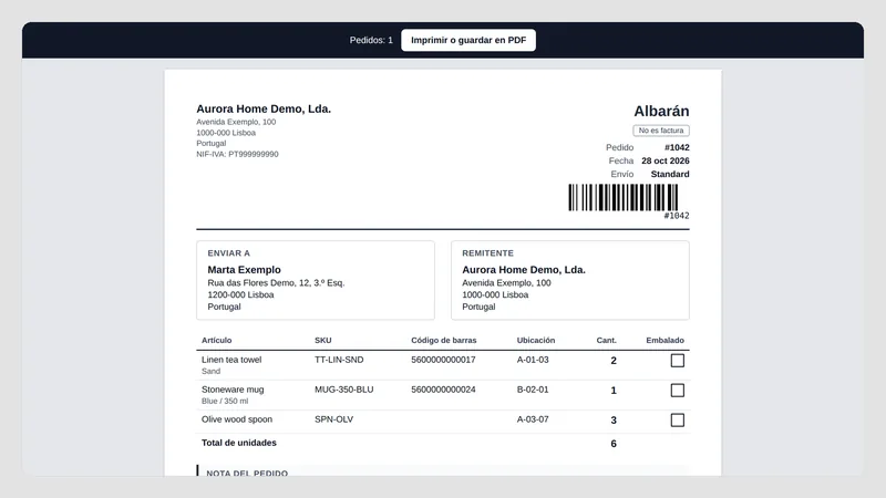 Caravel Packing Slips — Albarán