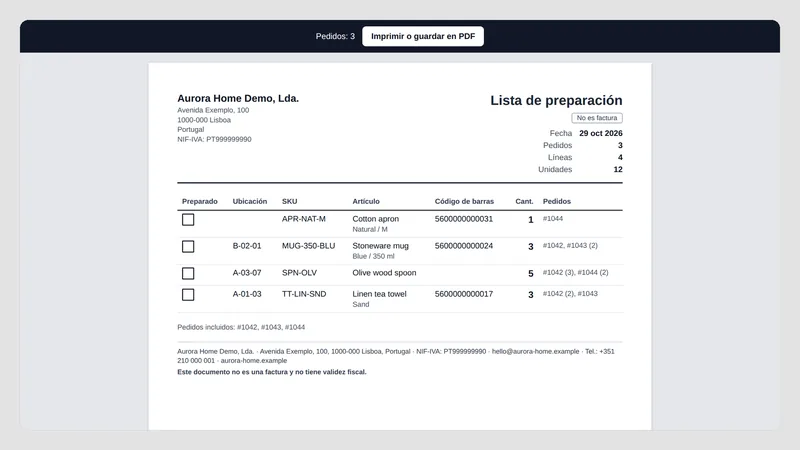 Caravel Packing Slips — Lista de preparación