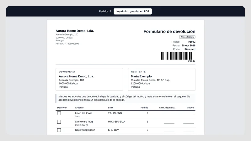 Caravel Packing Slips — Formulario de devolución