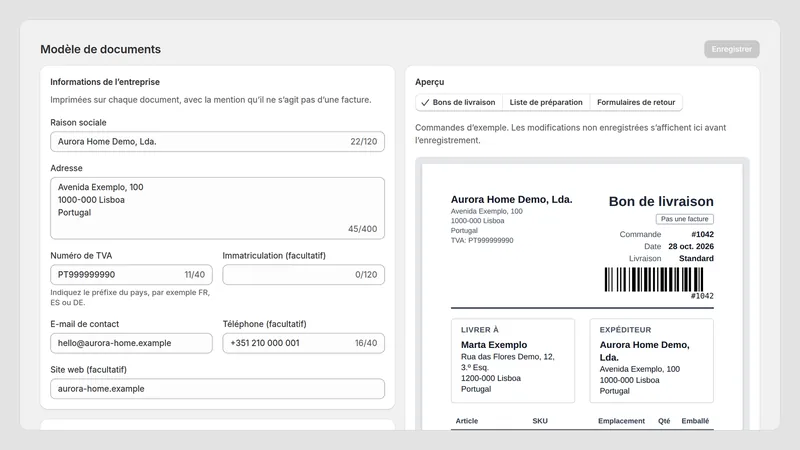Caravel Packing Slips — Modèle
