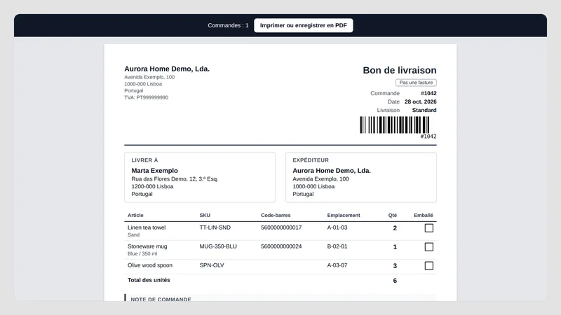 Caravel Packing Slips — Bon de livraison