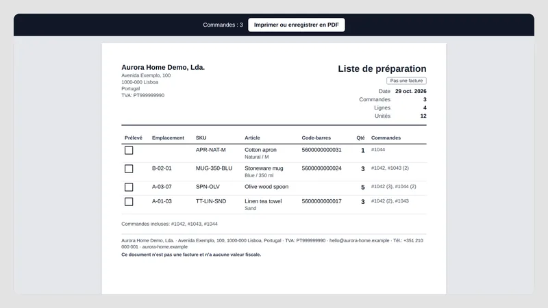 Caravel Packing Slips — Liste de prélèvement