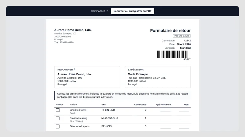 Caravel Packing Slips — Bon de retour
