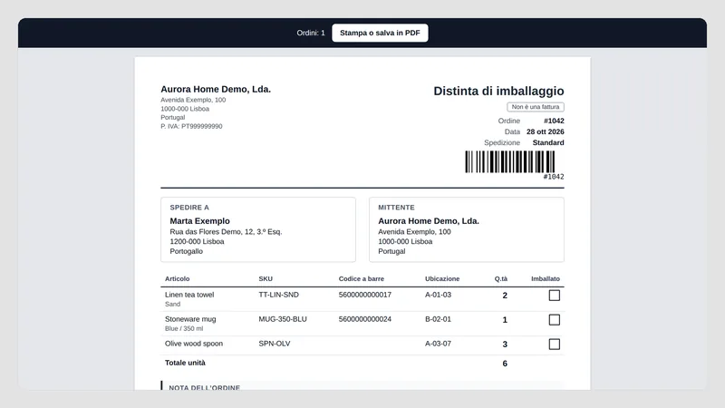 Caravel Packing Slips — Distinta di imballaggio