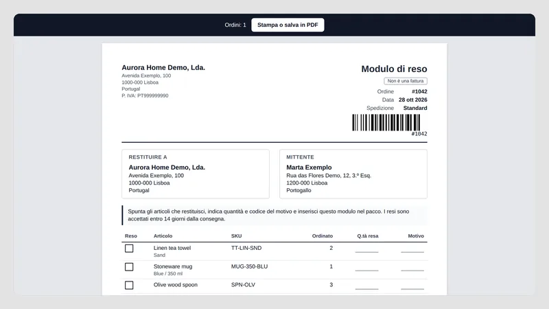 Caravel Packing Slips — Modulo di reso