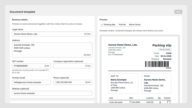 Caravel Packing Slips — Sjabloon