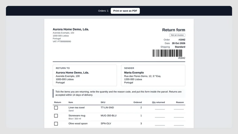 Caravel Packing Slips — Retourformulier