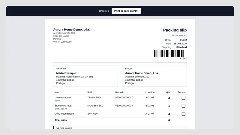 Caravel Packing Slips — Specyfikacja wysyłkowa