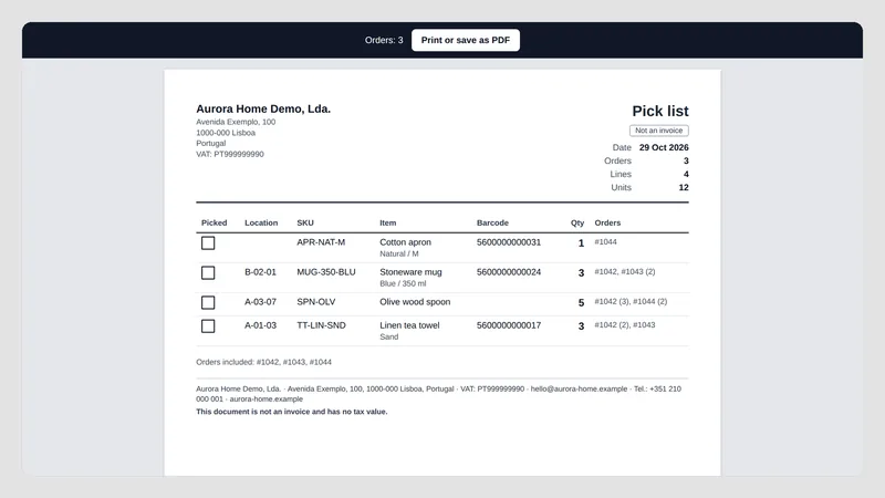 Caravel Packing Slips — Lista kompletacyjna