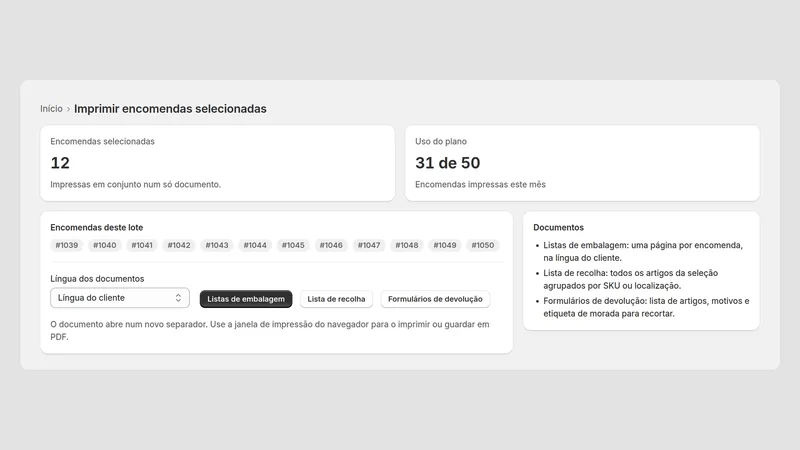 Caravel Packing Slips — Impressão em lote
