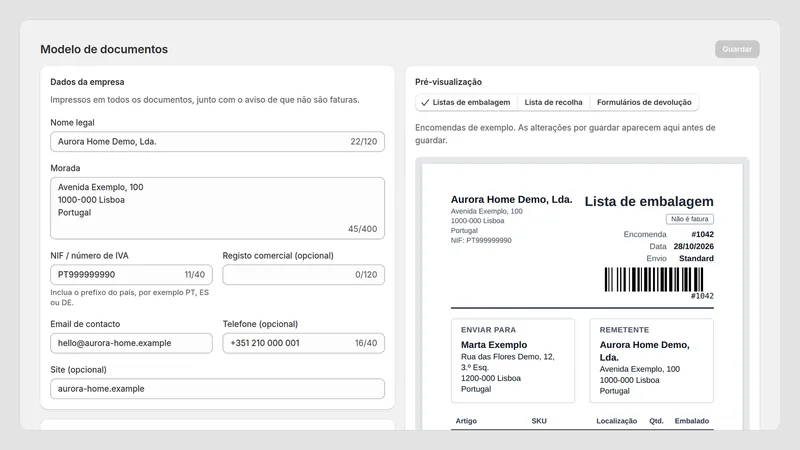 Caravel Packing Slips — Modelo
