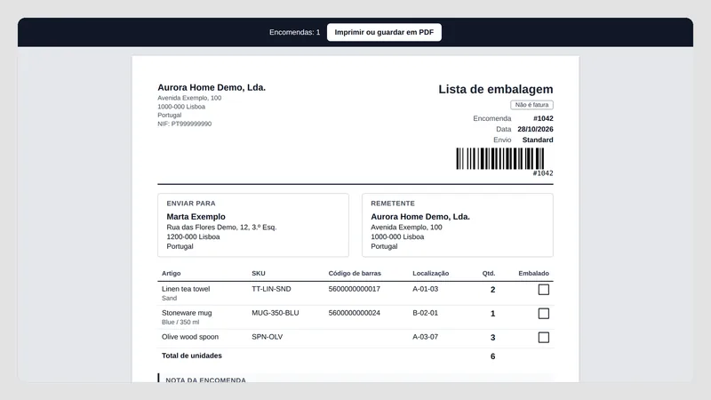 Caravel Packing Slips — Lista de embalagem