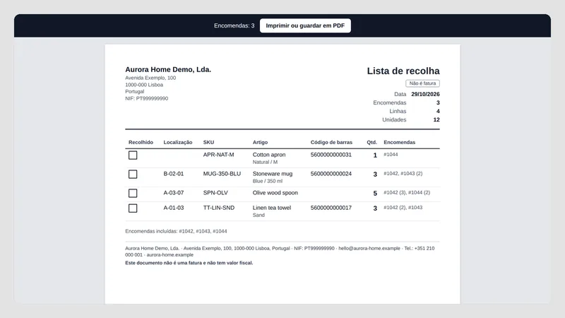 Caravel Packing Slips — Lista de recolha