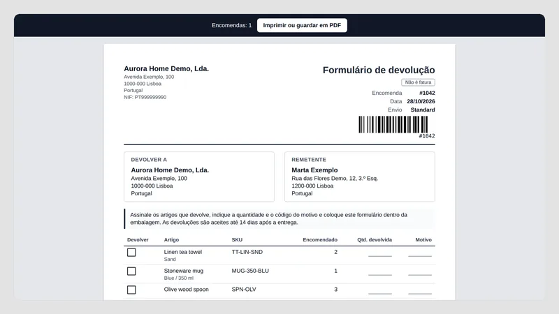 Caravel Packing Slips — Formulário de devolução