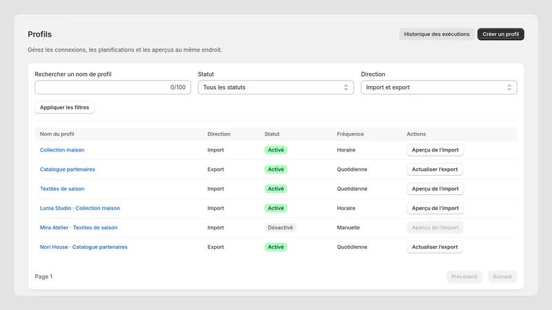 Caravel Sync — Profils d’importation