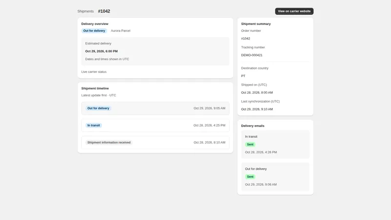 Caravel Track — Shipment timeline